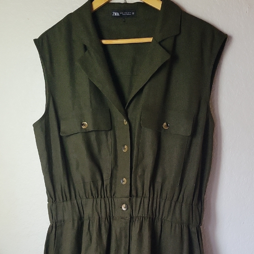 Zara Jumpsuit Dark Green Button-Up Linen Blend Size XL - Picture 7 of 15